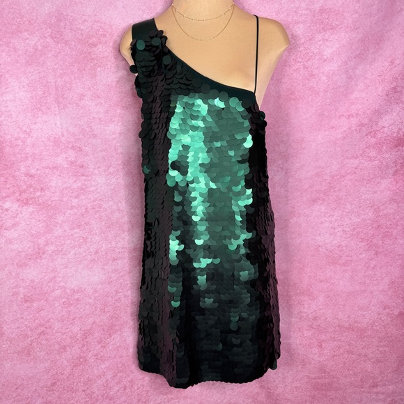 Anthropologie Dresses & Skirts - 213. Maeve by Anthropologie Green Sequin One Shoulder Bow Mini Dress Small